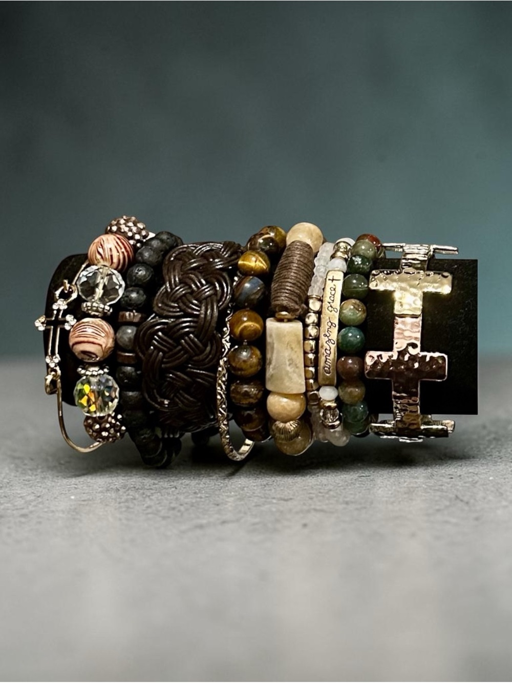 Signature Faith Boho Wood Beaded Bracelet Stack Cross Amazing Grace Tiger Eye